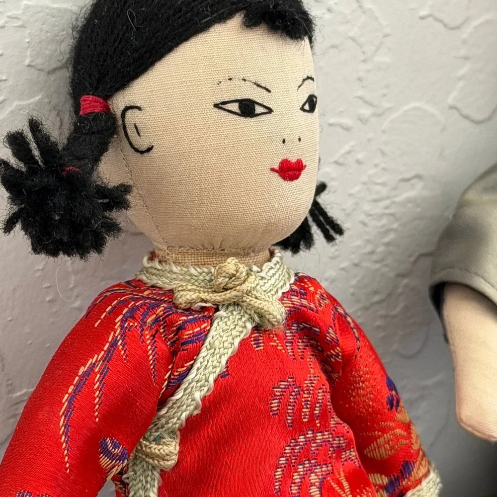 Pair Of Vintage Asian Dolls Primitive Blue Red‎ Boy and Girl Unique
